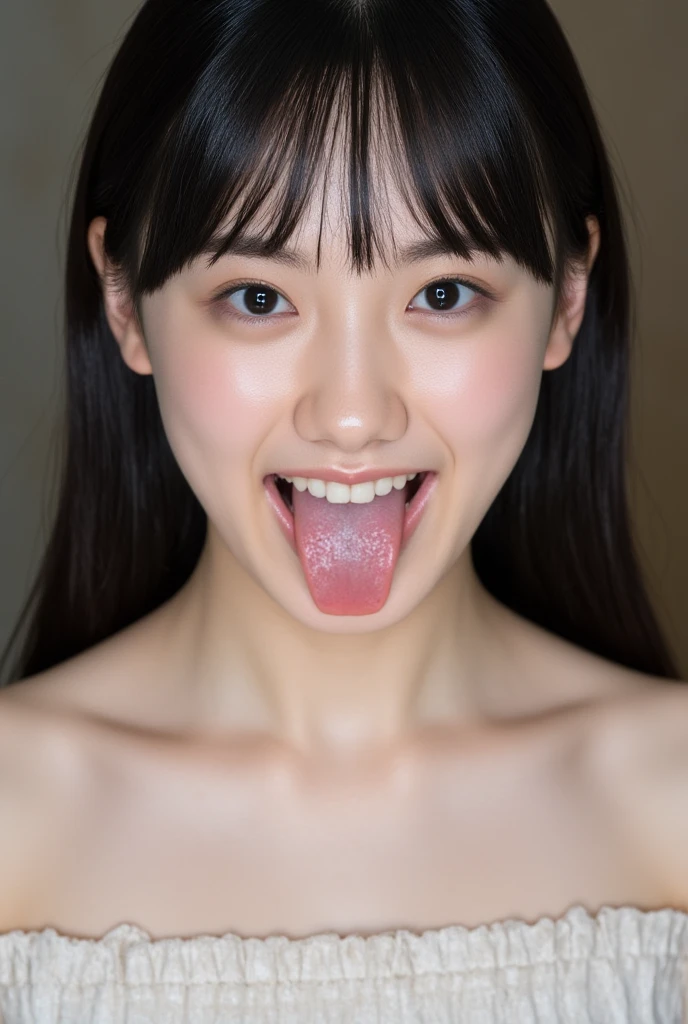 (((upper body shot))),((nude)),((nipples)),Ultra-high resolution,big eyes,grin,(open mouth with tongue),((tongue out)),Japanese,bangs,(a girl),(1 girl),((18-year-old)),((cute)),pretty,eyes closed