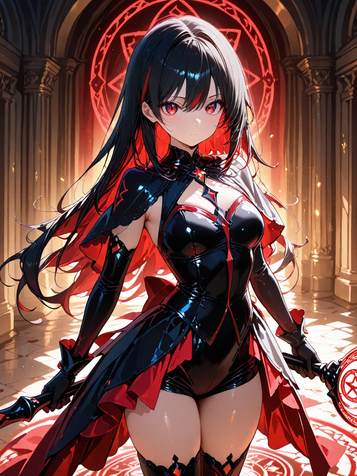 1 girl ,(great stigmata) , ruined church, bloody rosary , (by the floating, floating skirt), ((Bloody Sea)),on one side, Character focus, ((black light)),((dark lighting)), cinematic lighting ,(darkness), (Conceptual art), ((rape face)) ,long straight black hair, black fur, ponytail hairstyles, long straight pigtails, hair band , Red eyes color, short black dress, tight black dress, absolute territory, thigh high socks, (bright Eyes), High resolution,(incredibly absurd) ,Extremely detailed CG unity 8k wallpaper, ((masterpiece)), ((premium)), (beautiful illustration), ((an extremely delicate and beautiful)), (masterpiece, Best Quality, ultra High resolution), black fur, Pale skin, black crown, Red eyes, light_eyes, neon eyes, ultra detailed eyes, beautiful and detailed face, detailed eyes, (centered, torso), (tears), (plano general:0.9), in front of the viewer, eye level