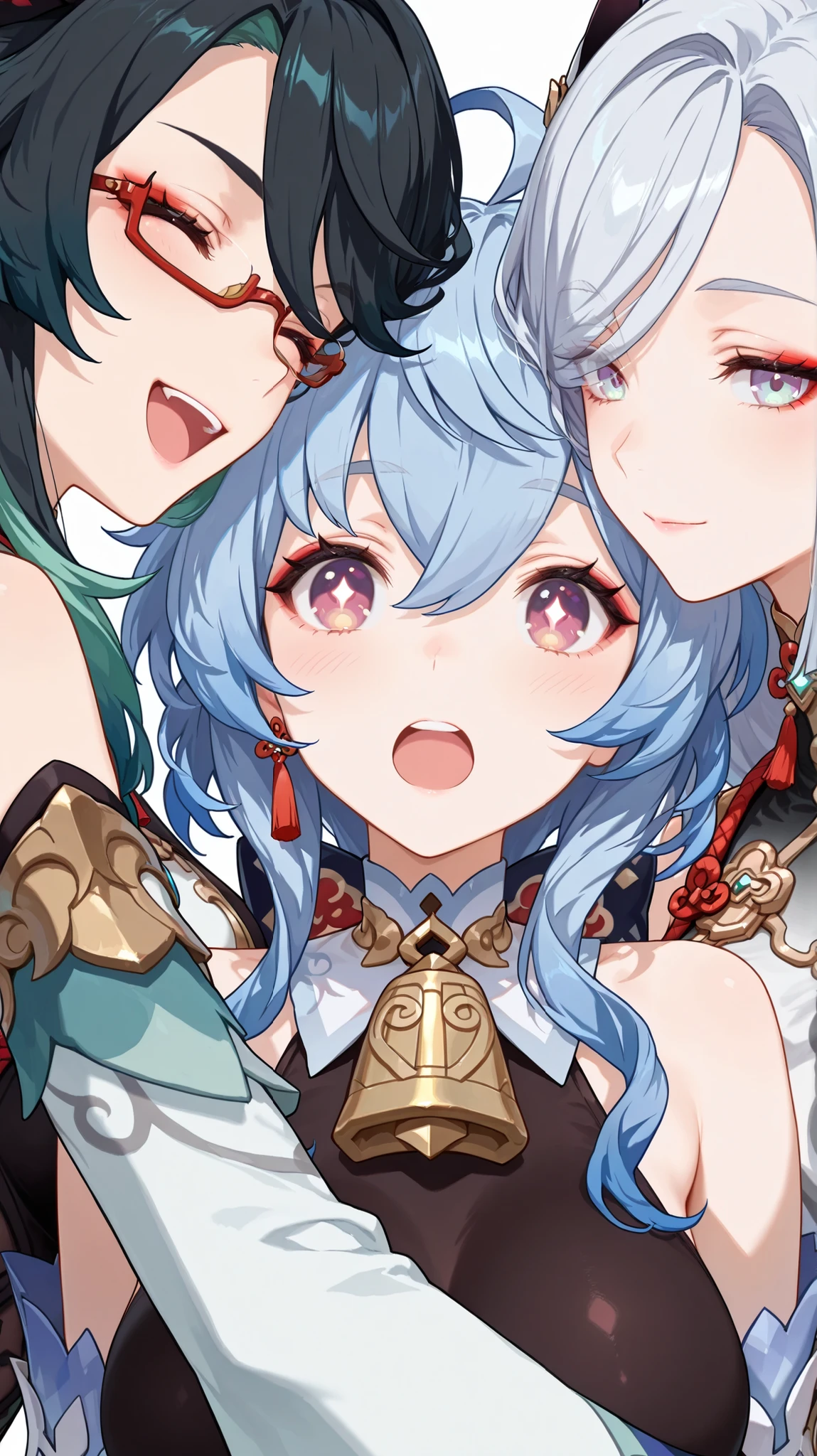 masterpiece, top quality, best quality, official art, beautiful and aesthetic:1.2),(8k, best quality, masterpiece:1.2), (((masterpiece))),(((best quality))),(((extremely detailed))), illustration, who, (masterpiece, top quality, best quality, official art, beautiful and aesthetic:1.2),(8k, best quality, masterpiece:1.2), xianyun gi,under-rim eyewear,ponytail,hair ornament,long hair,black hair, ganyu, blue hair, goat horns, horns, long hair, purple eyes, sidelocks, shenhe, blue eyes, braided ponytail, earrings, eyelashes, eyeliner, eyes visible through hair, eyeshadow, hair between eyes, makeup, red eyeshadow, sidelocks, single earring, symbol-shaped pupils, tassel, tassel earrings, white hair, long hair, multiple girls, multiple girls, multiple girls, 3girls, glasses, blue hair, long hair, open mouth, closed eyes, horns, bell, red-framed eyewear, semi-rimless eyewear, purple eyes, blue eyes, grey hair, blush, hair over one eye, upper body, hug, looking at viewer, breasts, earrings, jewelry, ahoge, smile, bodystocking, neck bell, black hair, detached sleeves, white background