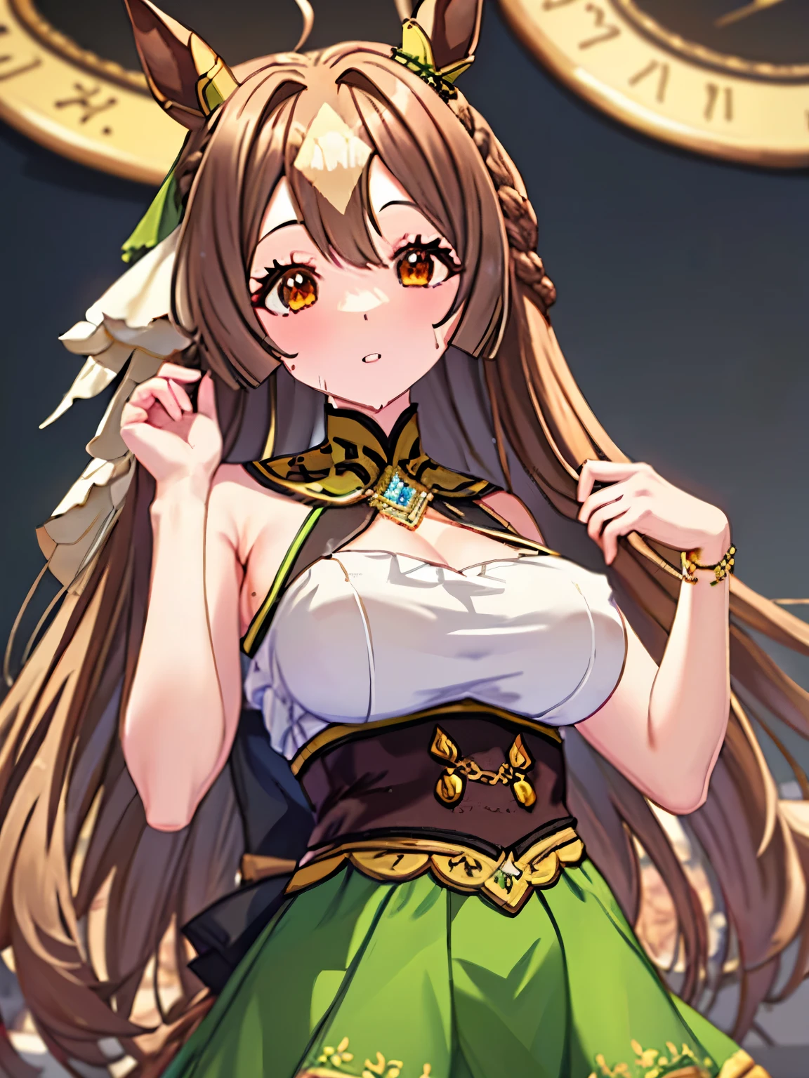 Satono Diamond,Umamusume,horse ears, Uma Musume ,horse tail,green ribbon,hair between eyes,brown hair, very long hair, spread hair, french braid,brown eyes, princess cut, white skin, shiny skin, glamorous, ager, big breasts, open mouse, blush, embarrassing, Oil, ((cleavage,)) lips, ((erect nipples,)) (((((humid,))))) 