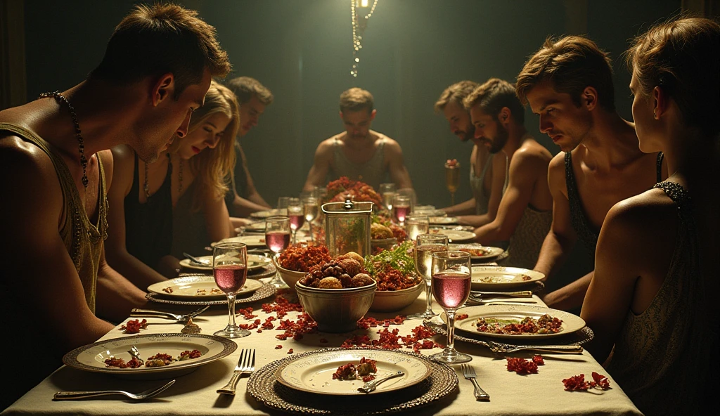 Create a family of 10 naked people sitting around a table