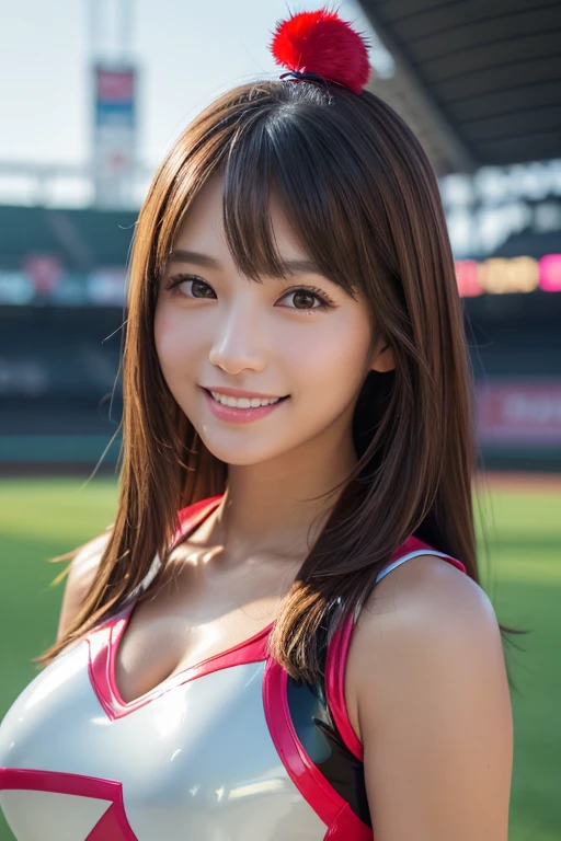 Realistic、Masseter region、Highest quality、High resolution、RAW Photos、Realistic、Bright lighting、Face Light、Smooth Professional Lighting、One Woman、Japanese women、Beautiful woman、Modeled、gravure、sexy、so beautiful、Realisticで美しい肌、Beautiful and detailed、Detailed face、slim、Large Breasts、Cleavage、short hair、Brunette Hair、Brown eyes、Looking into the camera、Cheerleader、Cheerleader、Cheerleader、smile