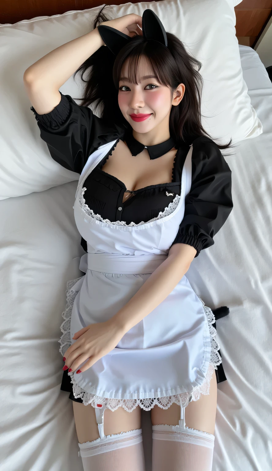 最high quality、high quality、Best image quality、8k、最High resolution、High resolution、最high quality、masterpiece、Detailed and realistic human body、Dense and realistic skin、Realistic face in every detail、Realistic reproduction of every detail、Detailed and realistic lips、Detailed and realistic teeth、Detailed and realistic ears、Detailed and realistic hair、Detailed and realistic arms、Realistic reproduction of every detail、Realistic fingers in every detail、(Beautiful Hands、thumb1reference4)、Realistic feet down to the last detail、(Beautiful Japanese Girl))、(Japanese Model), (Japanese women)、((18 year old beautiful girl))、(Black Hair)、(Random Hairstyles)、(sexy look)、((whole body))、((Beautiful upward-facing breasts))、(Slim and perfect style)、(whole body光沢肌、Fair skin))、(Soft lighting)、The interior of a medieval European mansion、Interior decorated with artwork from the 1690s、 Inside a 1600s mansion、Classic Bedroom、Complex room、Classic interior、((British Maid Outfits、French maid outfit、Gothic maid outfit、German maid outfit、Edwardian maid outfit、Garcon look maid outfit、Miniskirt maid outfit、Victorian maid clothes、Classic Maid Costume、Steampunk maid outfit))、((Skirt flip(Lift the skirt up))、(Sexy panties look)、(Lace panties are visible)、((Lying in bed(Spread your legs wide))、((Poses to make your thighs look beautiful))、Close-up from below