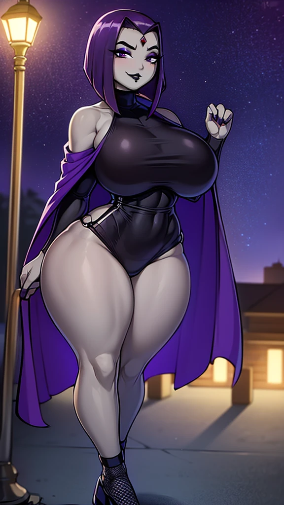 (solo:1.1),(masterpiece), (best quality:1.3), ultra detailed, intricate, professional art, digital art, absurdres, shadraven, (Full body view:1.1), 1girl, solo, (grey skin:1.4), dark purple hair, bob hair, purple eyes, hips wider than shoulders, pear shaped body, jewellery, detailed thighs, thick thighs, red jewel in forehead, jewels, (long sleeved turtleneck leotard:1.3), cuffs, small breasts, (shadraven cloak), (Shadraven broach:1.2), Shadraven jewel belt, Shadraven wearing a long sleeved leotard outside at night, long legs, ( long crotch bulge:1.4), large penis, large testicles, side view, looking at viewer, bubble butt , gluteal crease, universal lighting,,