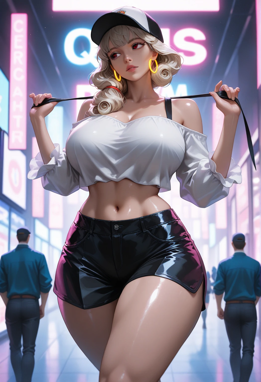 beautiful, (masterpiece:1.2), (best quality:1.2), big belly, bbw, fat, chubby belly, big belly, blushing, sweaty, fat belly, giant SSBBW belly, massive belly, extremely fat, super fat, hyperbelly, obese belly perfect lighting, perfect eyes, perfect face, 1girl, bikini, bikini under clothes, black bikini, black choker, black gloves, blonde hair, long flowing fluffy hair, black lips, black nails, black skirt, breasts, choker, cleavage, cropped jacket, cross, earrings, eyeliner, eyeshadow, fingerless gloves, gloves, hand on hip, highleg, highleg bikini, medium breasts, jacket, jewelry, lips, black lipstick, long blonde hair, makeup, microskirt, miniskirt, navel, open clothes, open jacket, blue eyes, skirt, sleeves pushed up, solo, standing, striped, striped bikini, striped thighhighs, swimsuit, thighhighs, thighs, underboob, plump lips 