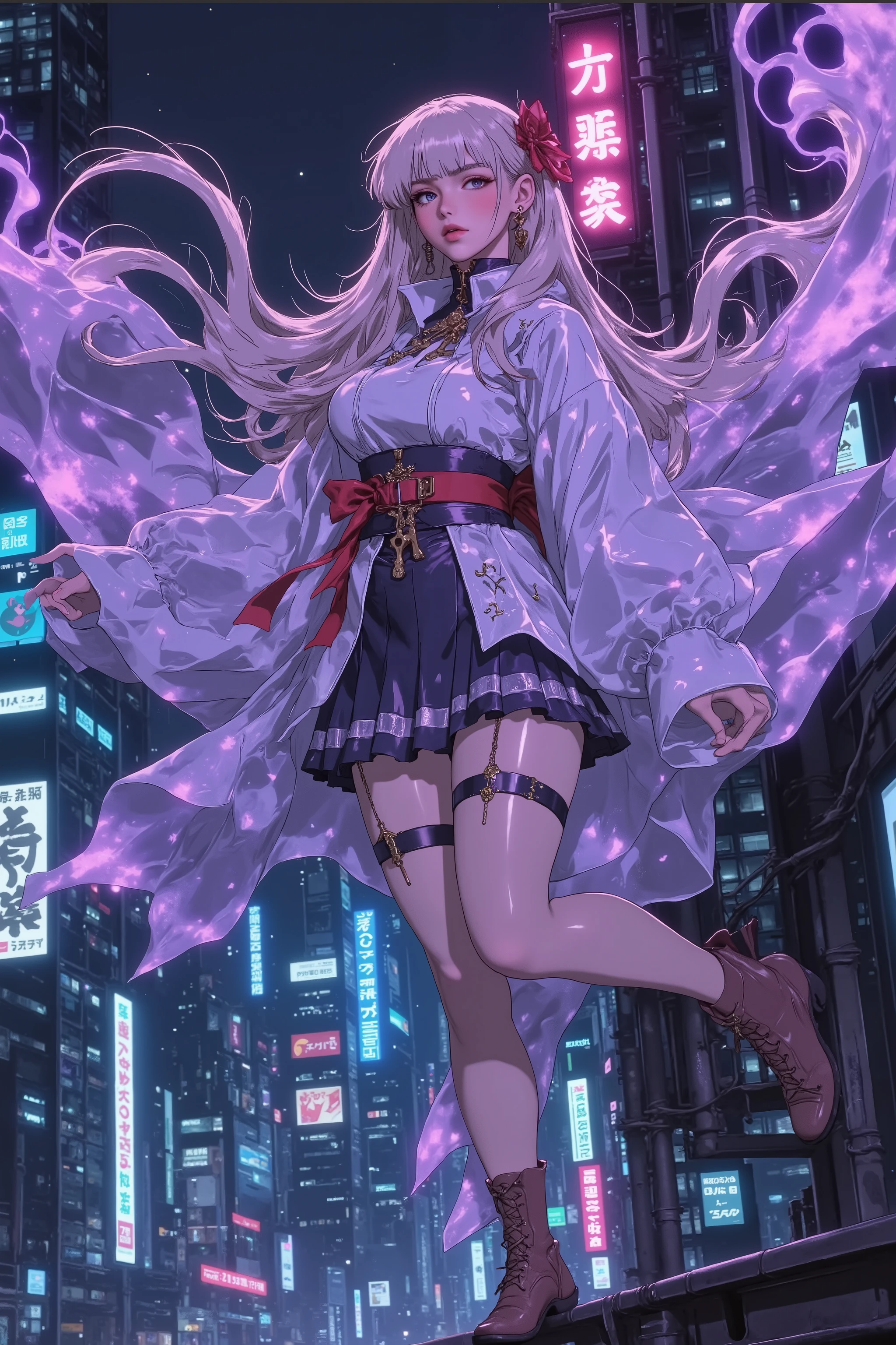 ((The translucent glass-like cloak is tinged with a delicate and mysterious semi-illumination, and streaks of purple and blue light flow gracefully through the space))、((Translucent robe)).((Glass cloak))。A cyber-city at night. A translucent cloak with a fluid glass texture creates beautiful trails as it catches the wind, and a faint bluish-white semi-luminescence brings out its outlines. In the background are neon-lit skyscrapers. A dynamic low camera angle captures the moment when a female hunter with a toned figure leaps from the top of a building. Futuristic, cold-toned digital art, sharp details, cinematic composition.anime,boots,
sakuya hime, flared mini skirt。action,Dynamic composition.