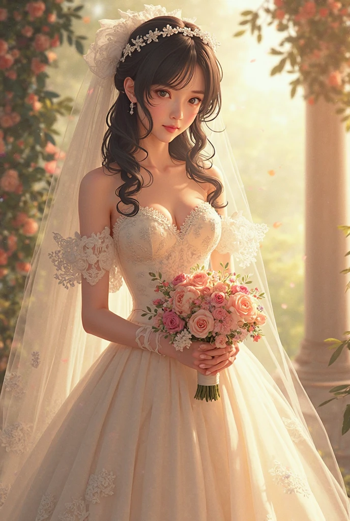 Bride with and isset Mikaye inspured wedding gown, imperial cut, drapped fabric, long sleeves with wide ends anf shoulder puff, low neckline, creamy whitein colour, silver jewelry, small bouquet of pink and apricot flowerS, romantic hairstyle, medium long veil, garden as background, natural soft sunlight.