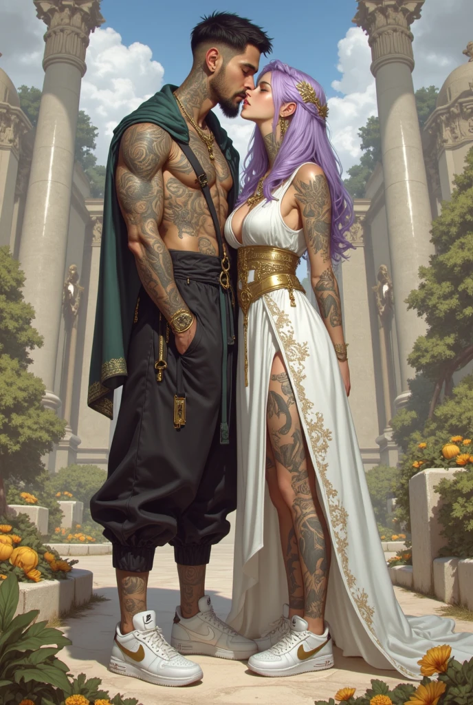 A group of violet-haired 15-year-old male and female brothers are in ancient Egypt in the background Egyptian monuments pose wing camera in formation