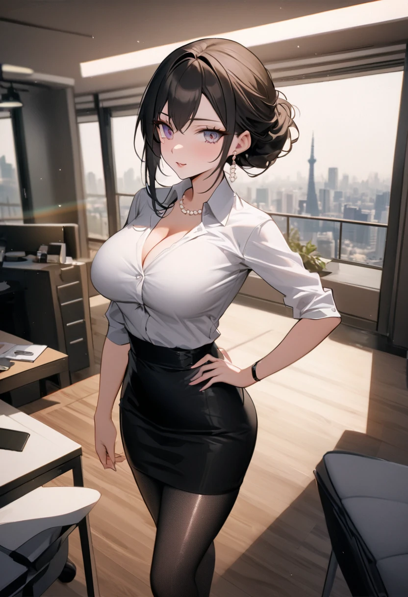 masterpiece, best quality, expressive eyes, perfect face, highly detailed, intricate detailed, atmospheric perspective, solo, 1mature seductive woman lean on desk, alluring pose, brown semi long hair, neckless, business suit, checked vest, blouse, black pencil skirt, tight mini skirt, cleavage, pantyhose, spread legs, panties, curvy, thighs, calm smile, office room, at night,
