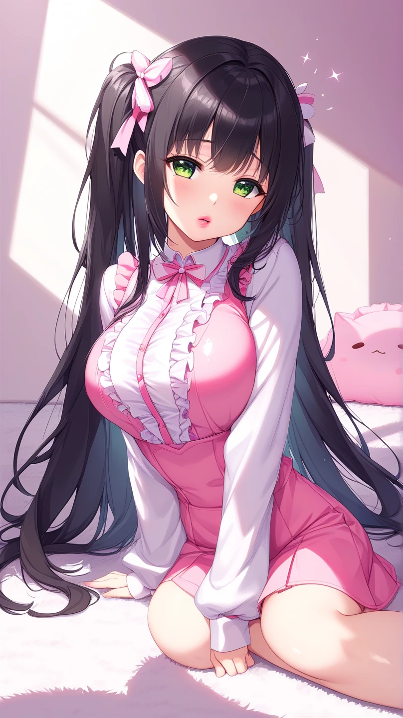 A woman with huge ，Black long hair，twintails，Exquisite，Ribbon，Transparent pink nightdress，Slim waist，pubic，Playful skirt，blush，bedroom，A cute daughter，