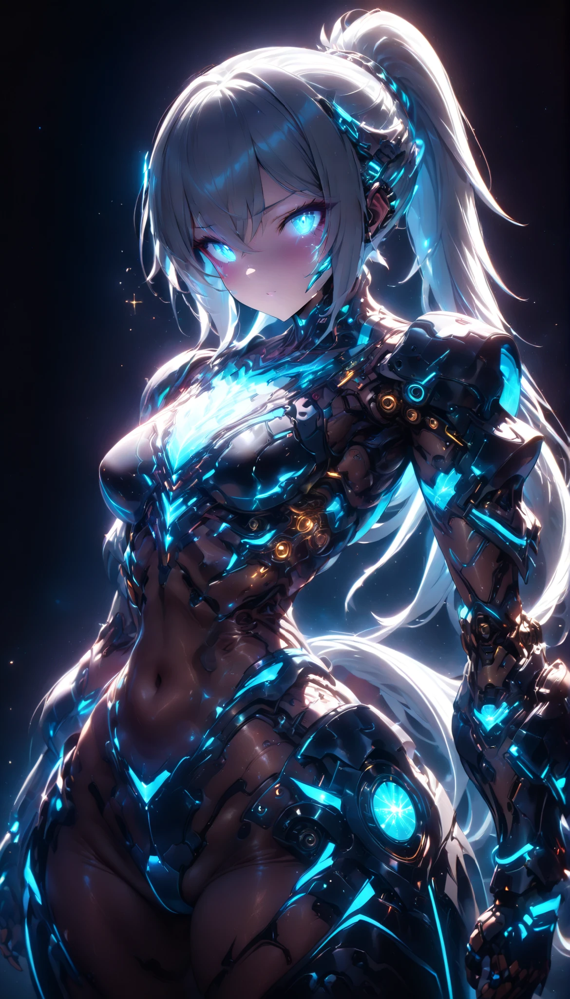 ((best quality)), ((masterpiece)), (detailed), perfect face, ((Best quality, 8k, Masterpiece: 1.3)), sparkle, glowing light, cinematic lighting, backlighting, Android woman, silver hair, long ponytail, glowing metallic body:1.2, glowing armor:1.2, background(A digitalized motorcycle that shines like a neon light), Cyberpunk World, Electrical signals, digitization, Mechanical arm glowing blue with LED lights, Cyber armor that emits light along the lines of the body, Glass texture, light trail, mad-neon body
