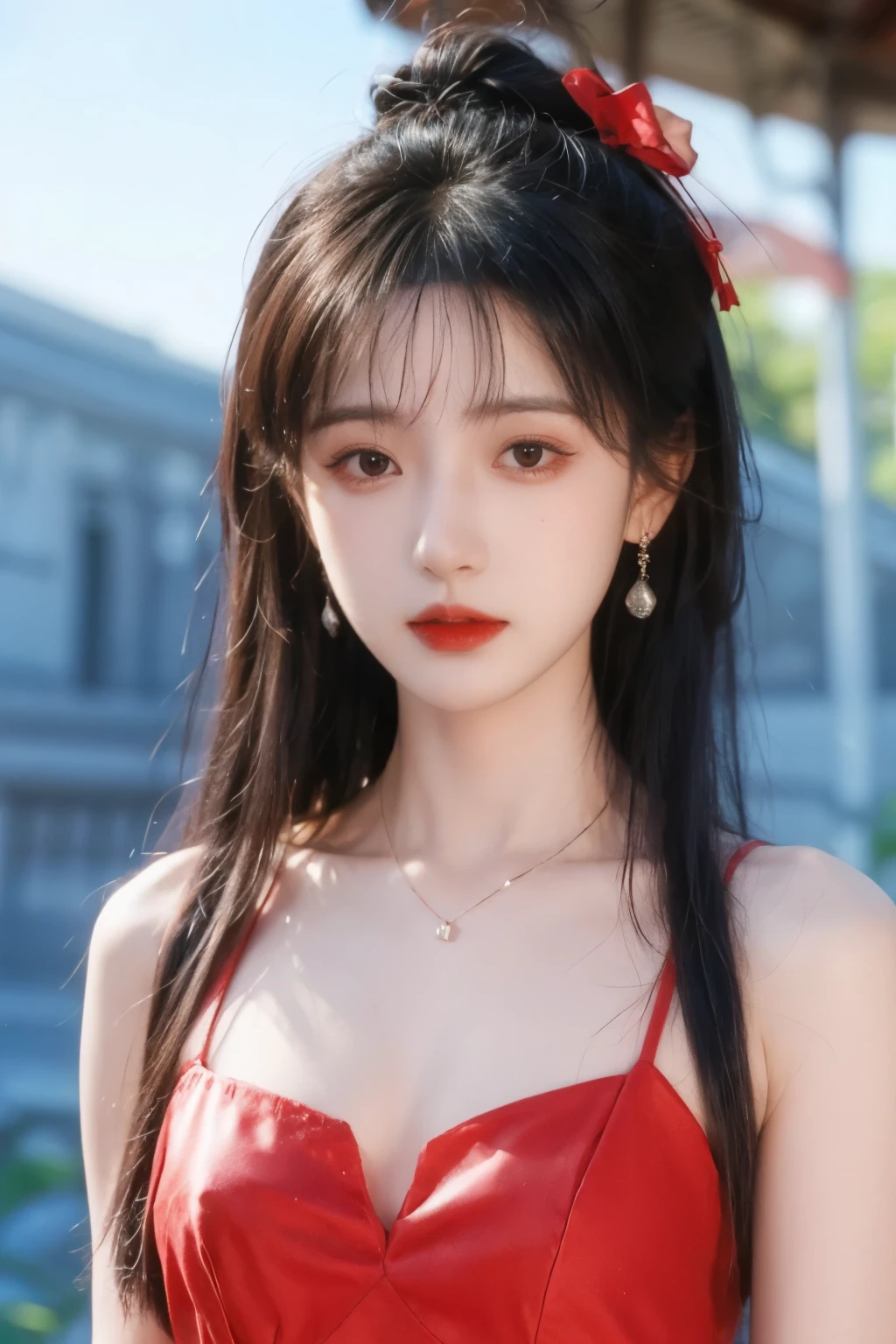 ( masterpiece, highest quality:1.2),  8,000, 85 mm, original photo, confuse, hair, red dress, Delicate girl,Shiny Skin, , watching the audience, HDR, clear focus,  Twilight Sky , Shiny Skin,  small eyes and face , brightly colored background, earrings、 necklace、clavicle、Straight long hair、Straight hair perm 、Big breasts, 