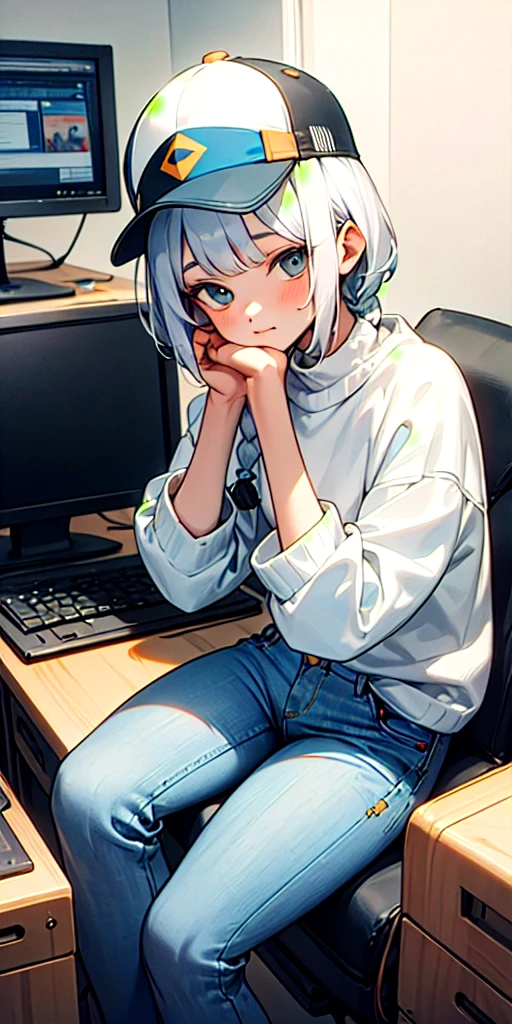 One girl, Back view, Shorts, Sit on a chair, Small chair, Gray Hair, Curvy Hair, Gray Hair、Bob Hair、Light purple eyes、big round glasses, cute, Expressionless, Flat expression, A little smile, Home gaming chair、Control your laptop、Energy drinks are available、A shirt that shows your shoulders、barefoot