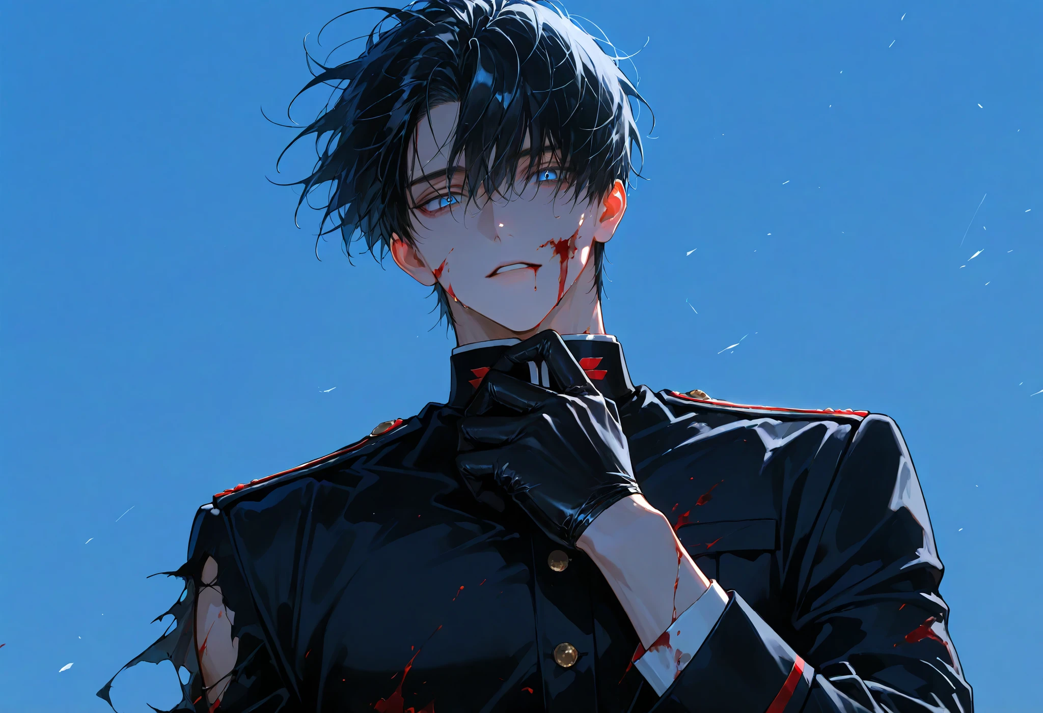 1 man , handsome , short hair , messy hair , messy black hair , 1 man , male-centered , handsome man , thick painted , sky blue eyes , looking at the front , absurdity , sexy , mature , alone , blood , torn clothes , black half gloves , blood on clothes , blood on face , blood stain , black gloves , looking at viewers , black military uniform , dynamic angle , close , upper body cut