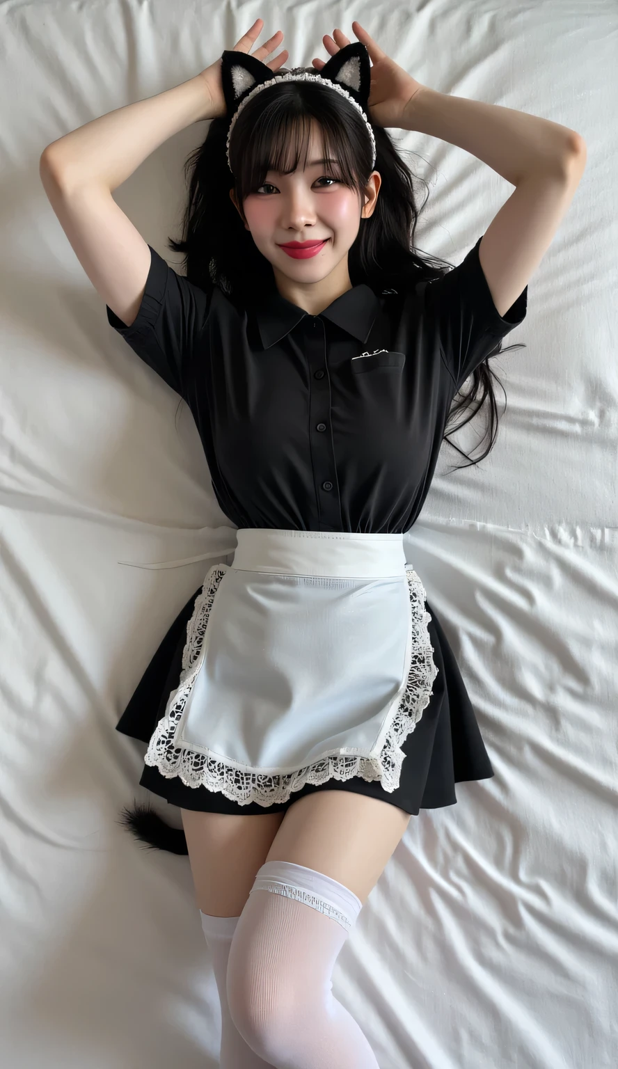 He is wearing a plain black collared long sleeve shirt and a black apron、(Have vaginal sex, Insert a into your:1.2)、Painful face、18year old, Neat face,  a baby face, Open your legs, (Best Quality, 8K, masutepiece :1.3),  emotional, (gleaming skin, Shiny hair:1.4), Indoors, NSFW, masutepiece, Best Quality, (Ultra-detailed),Cafe Clerk、I&#39;m putting effort into my legs、Black socks