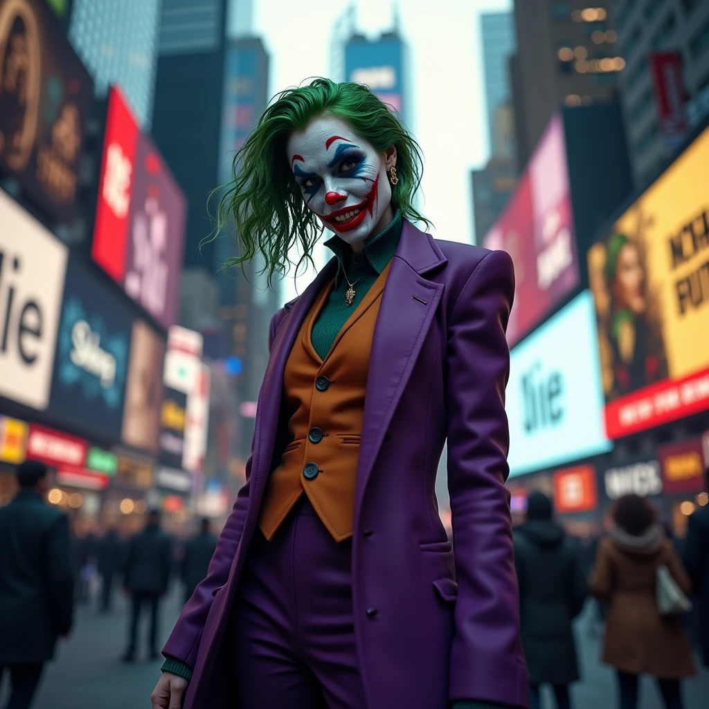 {
"prompt": "A faithful female version of the iconic Joker from DC Comics, reimagined with a seductive yet psychotic allure, striking a dramatic pose at a famous tourist spot in Dubai. She has pale white skin and wild, vibrant green hair styled in messy, chaotic curls. Her makeup is heavy and smeared, inspired by Heath Ledger’s Joker, with dark, hollow eyes surrounded by smudged black makeup and a blood-red, twisted smile that extends unevenly beyond the corners of her mouth, creating a chilling yet irresistible grin. She wears a tailored purple suit jacket with a green vest and matching tie, left open to reveal her toned, alluring physique, paired with a revealing purple bikini bottom. She stands confidently in front of the Burj Khalifa, the tallest building in the world, which towers majestically in the background. The modern, sleek architecture of the skyscraper contrasts with her chaotic appearance. Her pose is bold and provocative, with one hand resting on her hip and the other playfully adjusting her hair, as she gazes into the camera with a look that blends madness and allure. The scene combines Dubai’s futuristic skyline with her unsettling presence, creating a striking and unforgettable image.",
"size": "1024x1792"
}