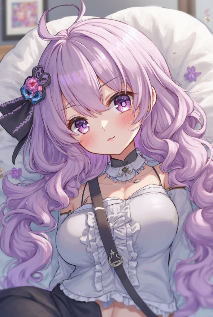 1 girl、Mature、Ample breasts、Purple Hair、Long Hair、Sharp Eyes、Low Angle、From below、Bust-up perspective、Upper Body、Shoulder Bare、Look to the side、choker、Butterflies fluttering、High resolution、highest quality