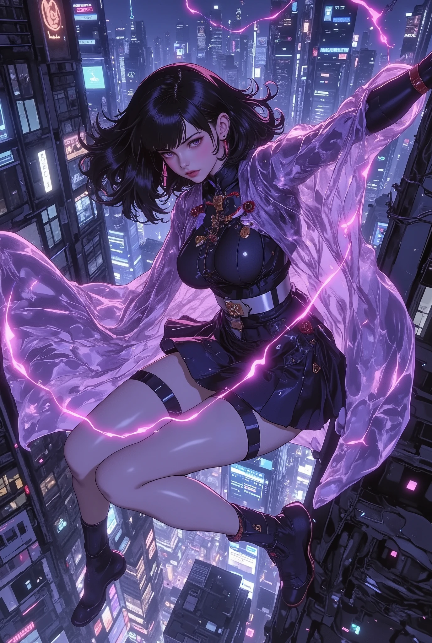 ((The translucent glass-like cloak is tinged with a delicate and mysterious semi-illumination, and streaks of purple and blue light flow gracefully through the space))、((Glass cloak))。A cyber-city at night. A translucent cloak with a fluid glass texture creates beautiful trails as it catches the wind, and a faint bluish-white semi-luminescence brings out its outlines. In the background are neon-lit skyscrapers. A dynamic low camera angle captures the moment when a female hunter with a toned figure leaps from the top of a building. Futuristic, cold-toned digital art, sharp details, cinematic composition.sakuya hime、, flared mini skirt。action,Dynamic composition.