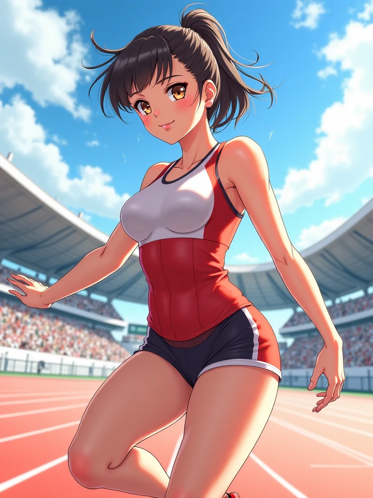 1 Beautiful ,dynamic angle,girl track and field athlete,small head,big breasts,meaty, at track and field ,(detailed beautiful face:1.4),detailed skin、Emphasis on the buttocks