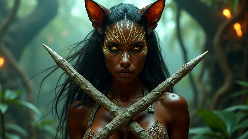 Only one
Only one
Only one 2 girl with really dark skin
Really dark skin
Green eyes
Apache
Warrior face paint
Long hair with African braids
Using a gray wolf's head as a hood
Bare breasts, only covered by necklaces
Wearing wolf fur as a skirt, showing her leg, no panties
no panties
barefoot
barefoot