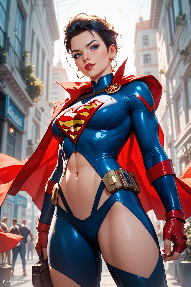 Beautiful curvy woman short hair defined body big breasts, big thighs wearing a Supergirl cosplay, exposed abdomen