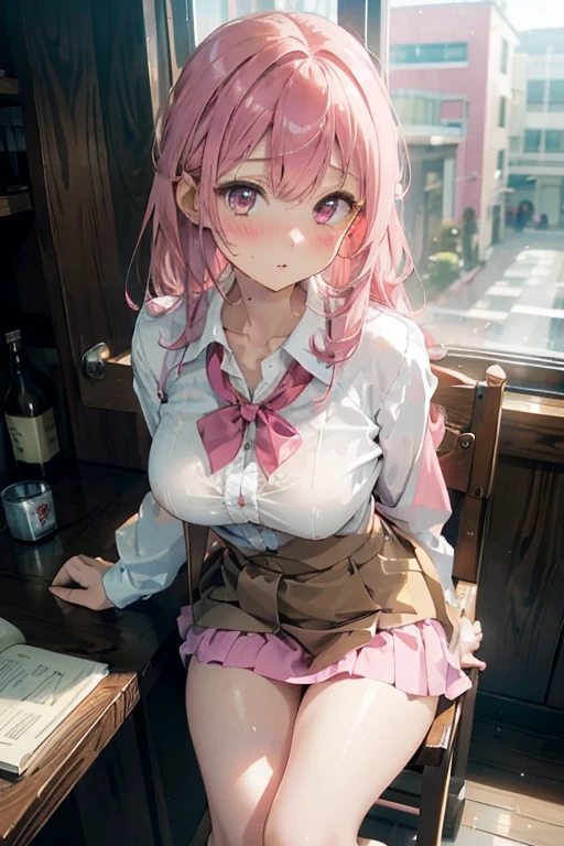 (masterpiece:1.3, top-quality, ultra high res, ultra detailed), (cleavage:1.4),(realistic, photorealistic:1.4), beautiful illustration, perfect lighting, natural lighting, colorful, depth of fields, surrealism, (embarrassed,blush:1.3),
beautiful detailed hair, beautiful detailed face, beautiful detailed eyes, beautiful clavicle, beautiful body, beautiful chest, beautiful thigh, beautiful legs, beautiful fingers, shiny skin,
looking at viewer, 1 girl, japanese, high school girl, (perfect anatomy, anatomically correct, super detailed skin), cute and symmetrical face, babyface, perfect face, perfect eyes,
(middle hair, two side up, pink hair), crossed bangs, purple eyes, drooping eyes, big eyes, long eyelashes, (large breasts, seductive thighs, skindentation), slender, outstanding style,
((detailed cloth texture, white collared shirt, blue pleated skirt, dark red neck ribbon), black thigh-highs, loafer),
(beautiful scenery), late afternoon,hands on chest, (lovely smile, upper eyes, open mouth small),