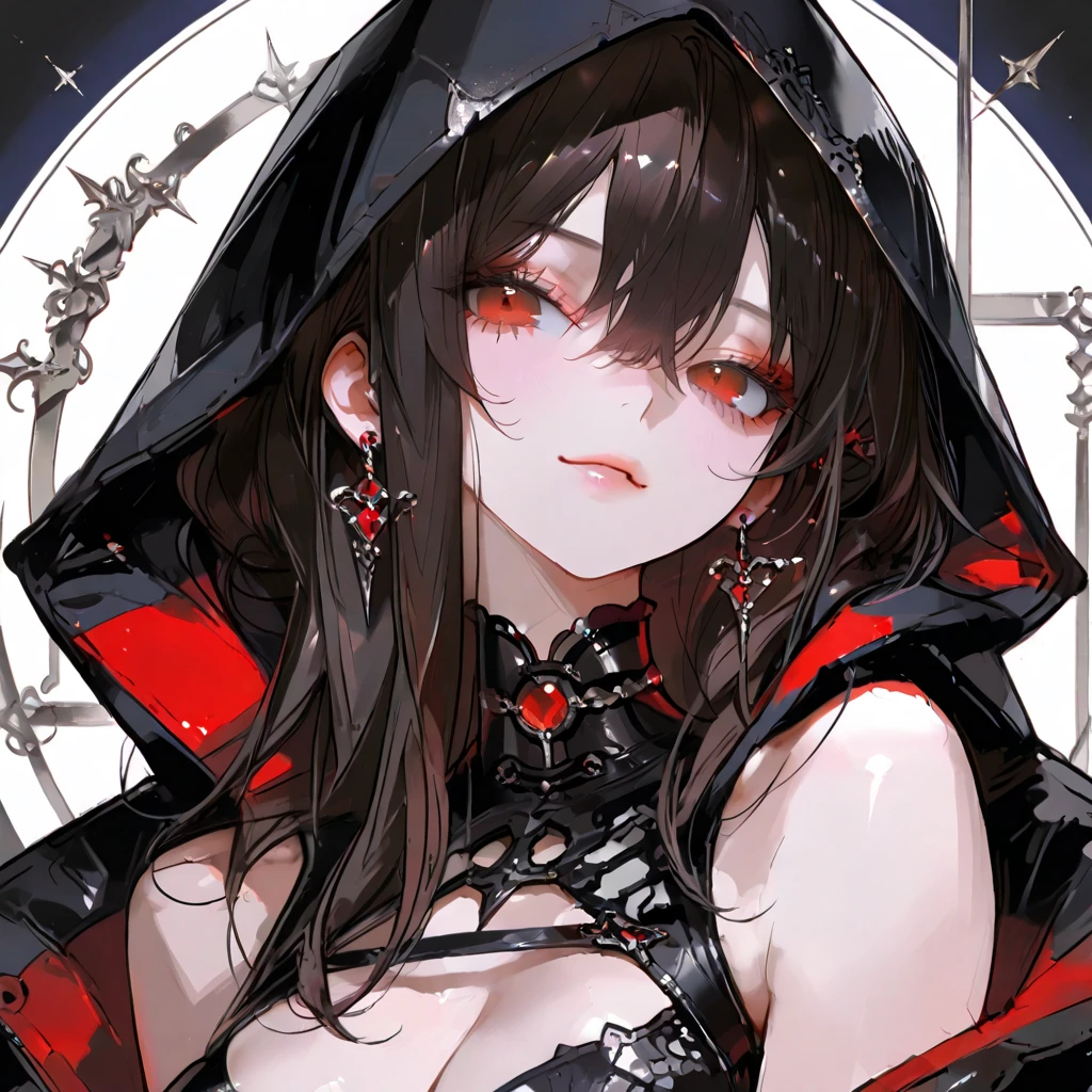 ( 8K Masterpiece, High Quality, Digital Art, Beautiful and Aesthetic anime style, Hyper Detailed, CG,Perfect compositions and excellent perspective). with straight long dark hair with styling. detailed face with red glowing eyes .clothes with a lot of details, clarity of pictures, large patterns and many belts ,Large hood on the shoulders.