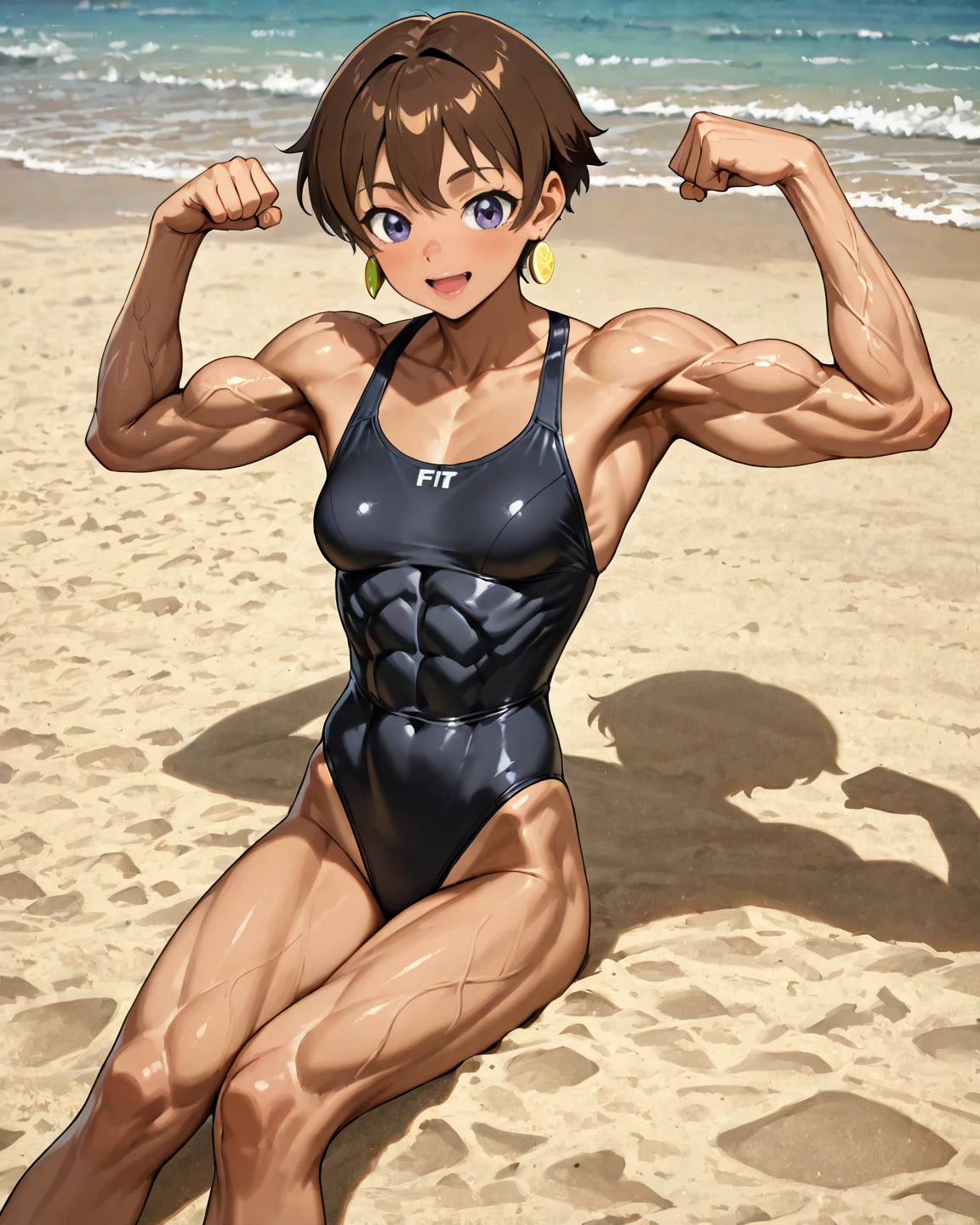 top quality, masterpiece, female, brown hair, short hair, slender, body builder, beautiful muscles, sea, sandy beach