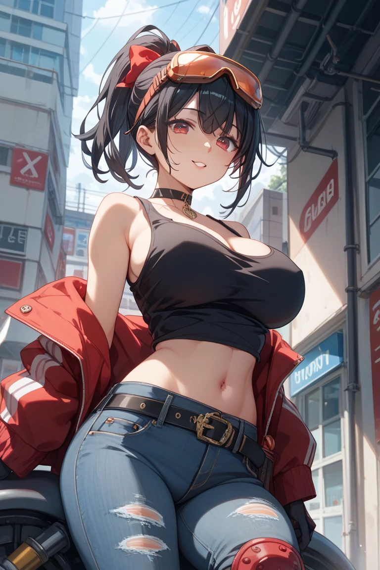 1 female, devil girl, devil horn, devil black nails, devil teeth, open mouth, huge breast, thick legs, red jacket, red jeans, red long messing hair, blue sky, grass, flowers