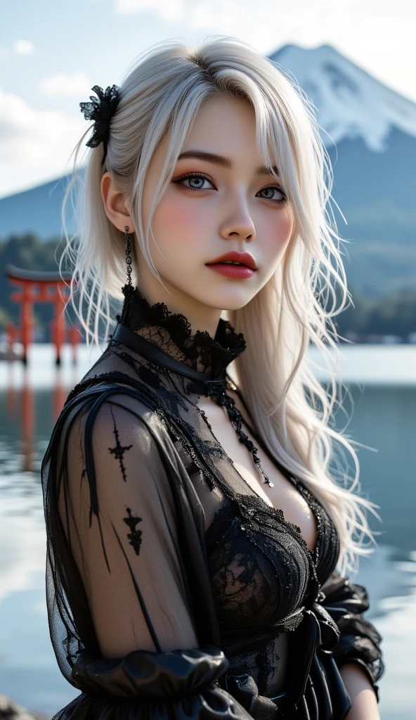 1girl,solo,1girl,solo,((beautiful detailed eyes)), (detailed light),depth of field,(white hair),silver eyes,hair over one eye,(red flower ), hair flower,long hair,black cloak,Wet,emotionless,looking back,night,starfall,raining,fog,red flowers falling,sketch,upper body,intense shadows,Beautiful nipples,Are thin,Snow flurries danced sparsely in the sky.,The belly button and the surrounding area are exposed,Are thin,とても痩せている,お尻が小さい,胸が小さい,腰が細い,