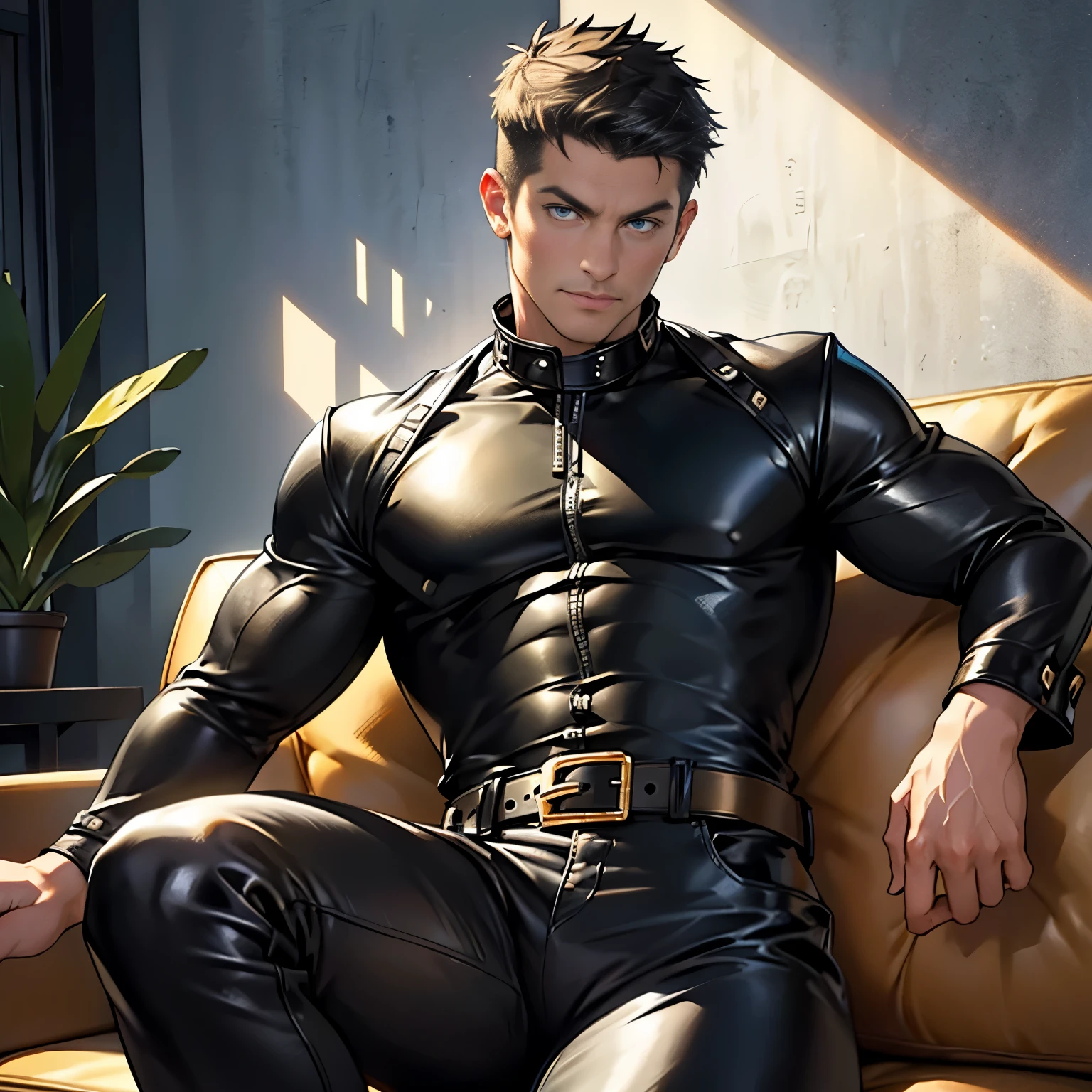 Full body photorealistic 4k, Catboy , cat ears, yellow cats eyes, very high resolution, best quality, masterpiece, perfect color, perfect shade, perfect lighting, Posted by e621, , ((handsome man)), perfect male figure, Short hair details，chest muscles，abdominal muscles, wearing a black tight fit latex spandex with boots and gloves,  Detailed face, perfect face, (stood up), Detailed background, ((Bonifasco Lighting)), (delicate eyes)),white haired. 