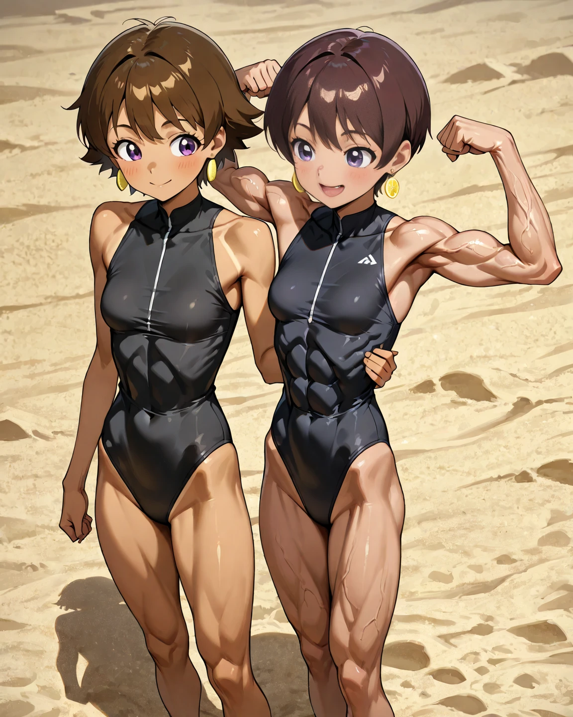 (((masterpiece、Highest image quality、highest quality、highly detailed unity 8kwallpaper)))、((Illustration of one girl))、(((beautiful girl、cool)))、((blonde、pixie cut:1.2、two side up、sidelocks、green eyes))、(((tall:1.3、stocky build:1.2, thickset physique:1.3, muscular legs, broad shoulders:1.2, solid chest)))、swimsuit、sandy beach