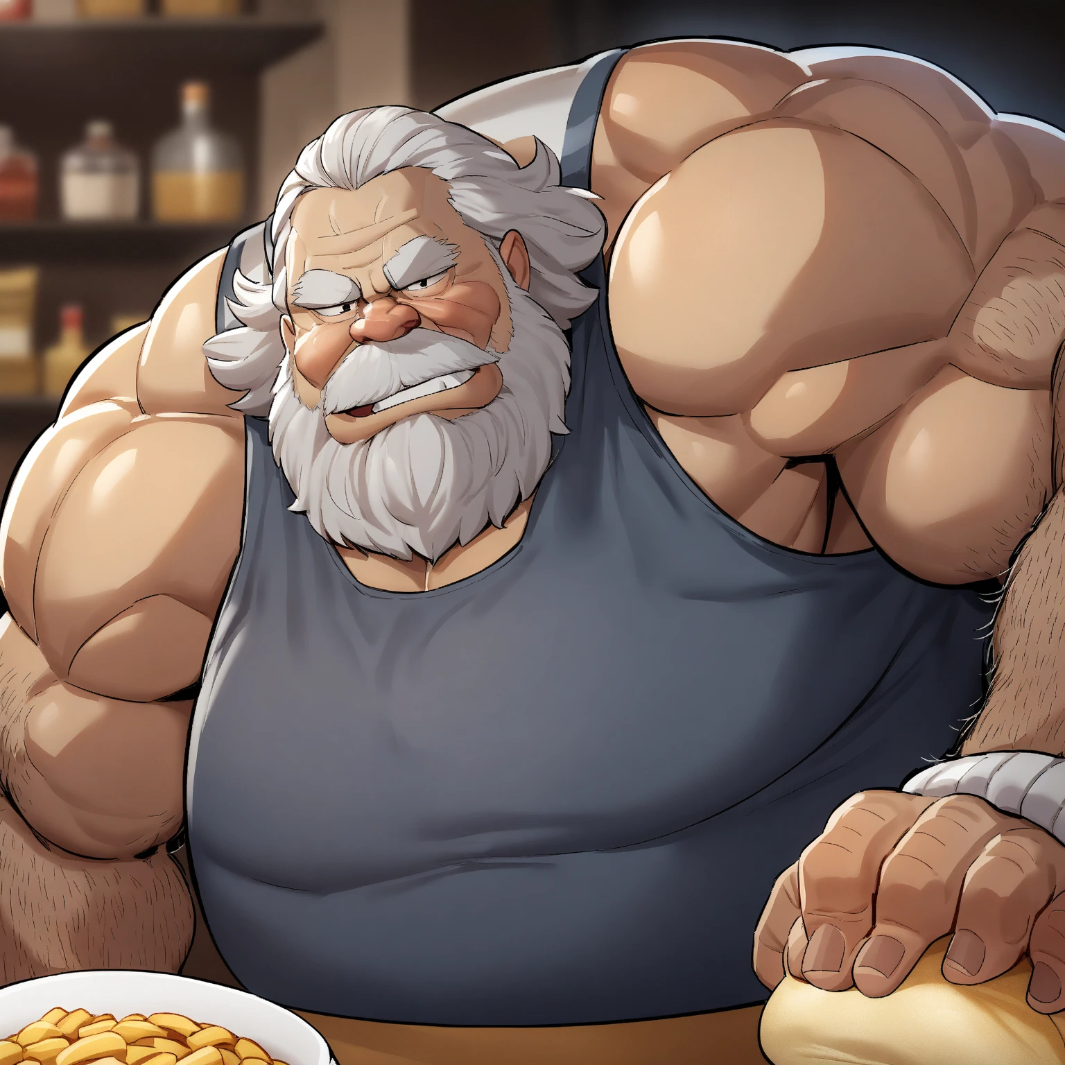 (Highest quality:1.5), (masterpiece:1.5), (8k:1.5), 1 man, (Dining Hall 1.1), 80 years old, (turkish people:1.1), (Huge body:1.2), White tank top, long white hair, Full Beard, Angry expression, Sitting in a chair, Arms crossed, close-up face, sharp well groomed beard, well groomed moustache, thick pronounced grey beard, grizzly hair, absurdly huge nose, hawk nose, big old man nose, convex nose, pronounced bridge and outward curve that protrudes from the base of the nose