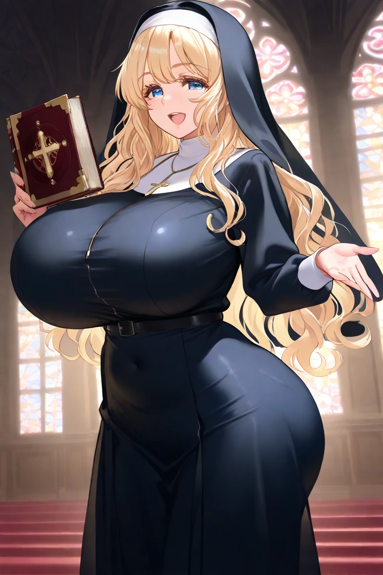 masterpiece, Highest quality, Official Art, Highly detailed CG Unity 8k wallpaper, Detailed Background, (Handcrafted by Guido Daniele), (Finger details), Mature Girl 1, (Curvy), (Nuns), (Bible in hand, A book with a cross on the cover:1.12), (standing in church), (Nuns gown:1.12), (Chest Curtain:1.12), (Nuns skirt:1.11), (White Garter Straps Garter Belt:1.12), (Blonde long hair:1.12), (Ahoge:1.13), (Hair Intake:1.12), (Green Eyes:1.2), blush, (Loving smile, holy smile), (Huge breasts), (Long chest, Saggy breasts:1.12), (Let go of my chest), Tight waist, Shiny skin, (Cross Necklace), indoor, (Sacred Scene), (church:1.11), (Sunlight streaming through stained glass),