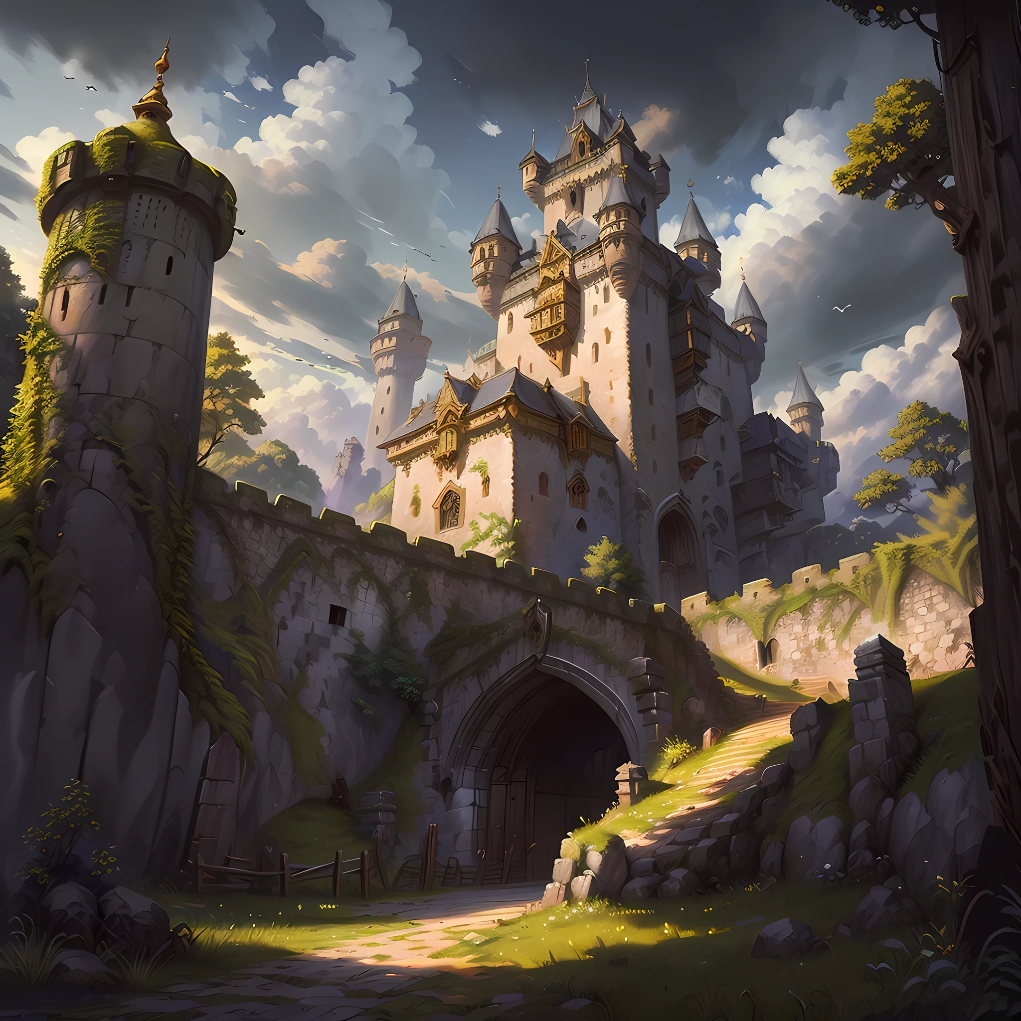 ((semi-realistic art, castle fantasy style, bridge connected to the castle entrance, gray colored castle)), aged moss on castle walls, castle in the middle of the forest, twilight sky, birds flying in the sky | ((best image quality, best shading, best sharpness, masterpiece, full HD)), (side angle, castle seen from close up).