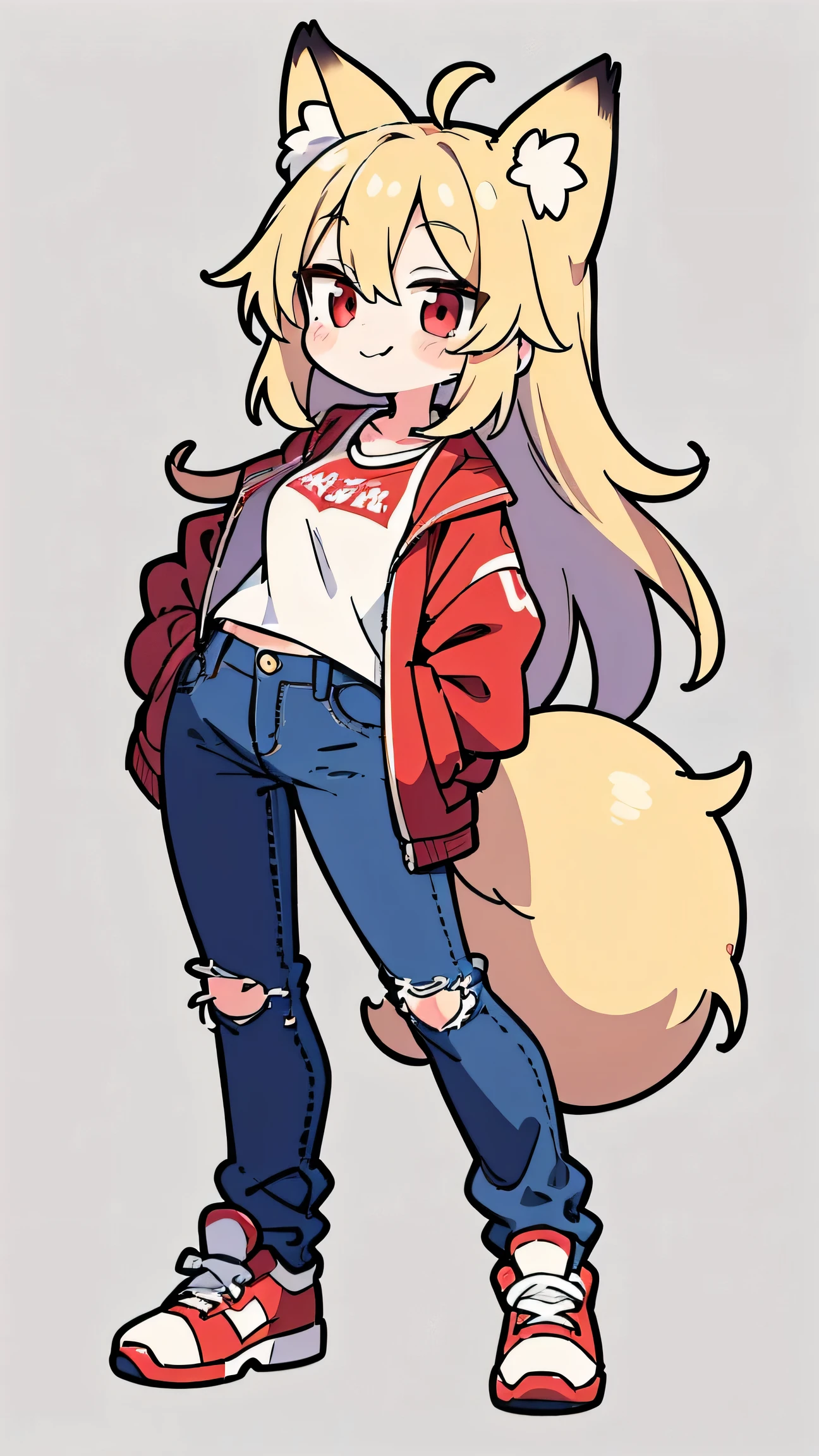 ANIME STYLE、 cute face、 female、 fox ears、Gold Hair、tail、 red eyes、 long hair、 red jacket 、jeans、sneakers with a ladyback letter、simple background、Cute mouth、profiles、smiles