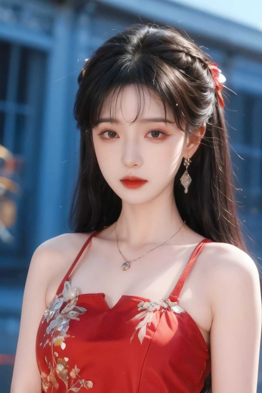 ( masterpiece, highest quality:1.2), 8,000, 85 mm, original photo, confuse, hair, red dress, Delicate girl,Shiny Skin, , watching the audience, HDR, clear focus, Twilight Sky , Shiny Skin, small eyes and face , brightly colored background, earrings、 necklace、clavicle、Straight long hair、Straight hair perm 、Big breasts,