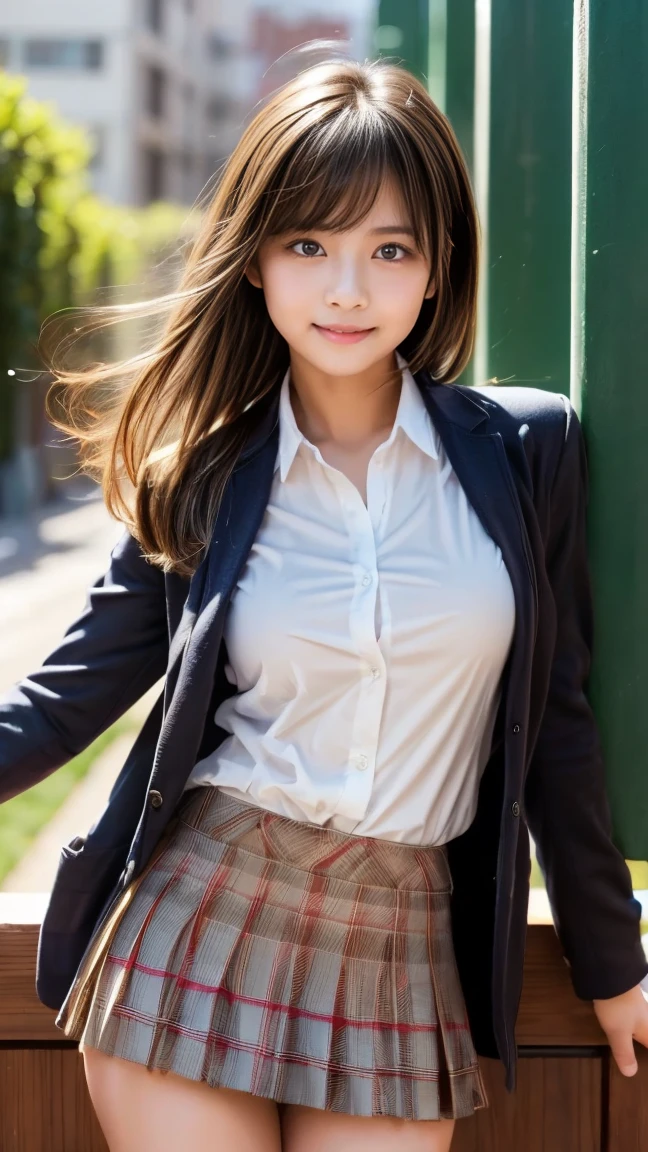 Pure Japanese school girl, natural body, white skin, wearing uniforms, lift up blouse, beautiful nipples, no makeup, rough hair styles, sweet smile, secret temptation, professional portrait photography, summer morning light,