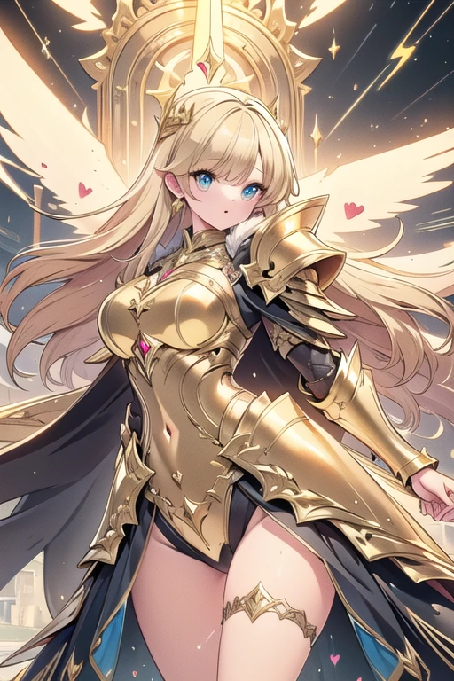 ((best qualityer)), ((work of art)), (detailded), 1 girl, Dragon woman, long golden hair, golden armour, golden dragon knight, golden wings, pinky skin, Eyes red, legs thick, blush cheeks, golden giant sword