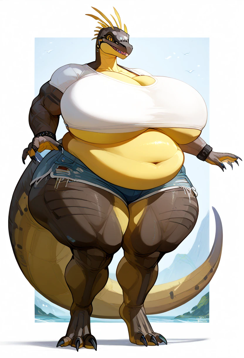 by darkgem, by duase, by bng, solo, 1girl, alphys, female, older woman, smooth body, chubby, broad shoulders, wide body, wide hips, thick thighs, big arms, heavy breasts, nipple outline, highly detailed eyes, milf, tank top, (bare midriff:1.3), cleavage, large areolae, denim cutoffs, visible thong straps, Masterpiece, best quality, absurd res, highly detailed, cleanly drawn eyes, park environment, standing upright, cute smile, big bottom lip, black lipstick, casual posture, hands on hips,