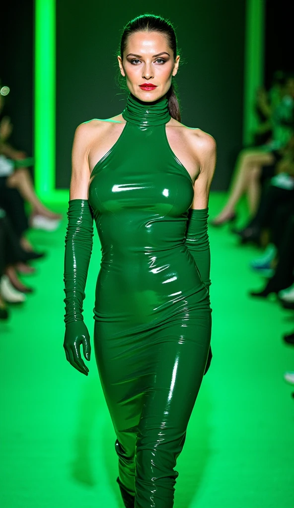 A woman walking down the runway in a green dress, Thierry Mügler, Fashion Model, attractive runway model, AEON Flux Style Mix, Tight-fitting green clothing, Fashion Runway, Style、A blend of eternal flow, y2k style, y2k style, Wearing green tight clothing, A skin-tight green bodysuit, y2k fashion, Green Haute Couture
