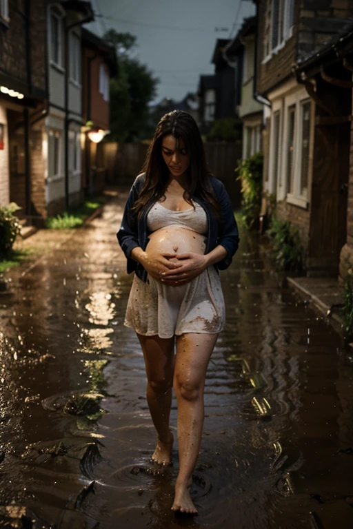  pregnant woman in a wet red dress walks along a flooded road in heavy rain, carrying a large sack on her back and a metal pot in one hand. Two young children, both crying and visibly distressed, follow her on either side. The scene evokes a sense of struggle and urgency in adverse weather conditions.