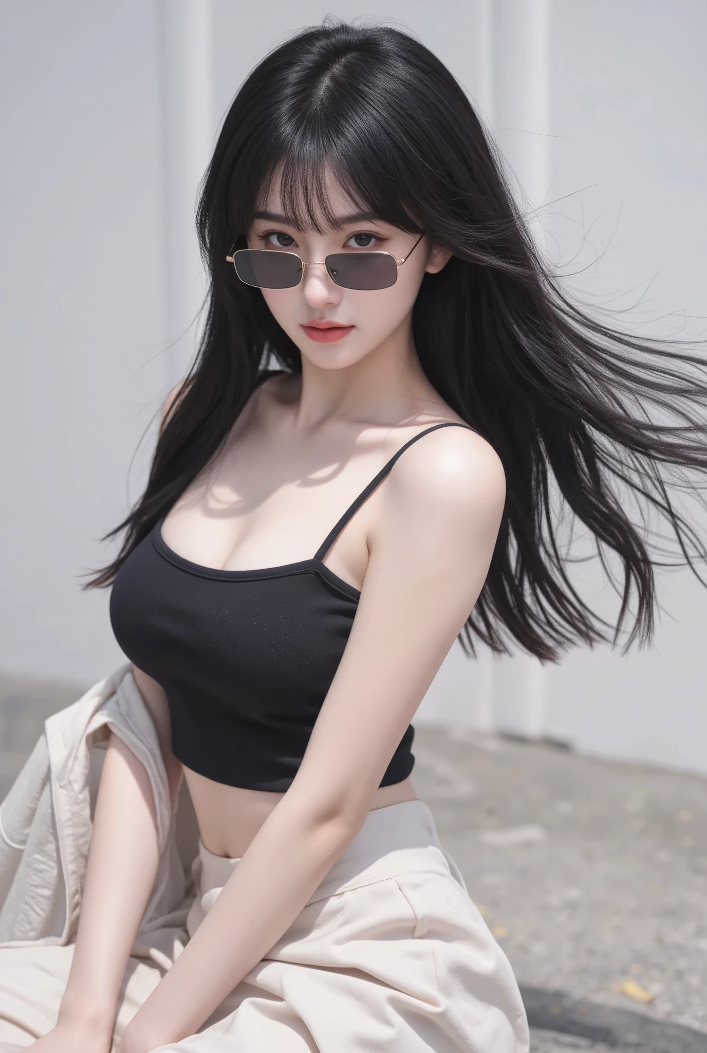 female、black hair、princess cut、long hair、straight hair、bangs、trainer、sunglasses、cool、