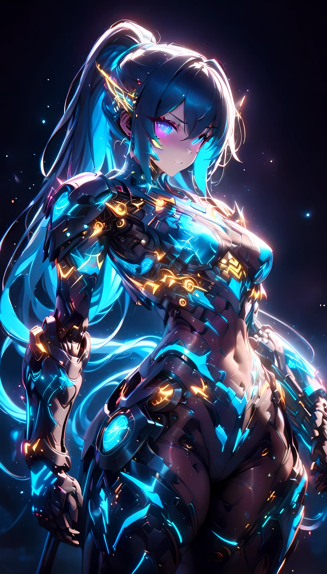 ((best quality)), ((masterpiece)), (detailed), perfect face, ((Best quality, 8k, Masterpiece: 1.3)), sparkle, glowing light, cinematic lighting, backlighting, Android woman, blue hair, long ponytail, glowing metallic body:1.2, glowing armor:1.2, background(A digitalized motorcycle that shines like a neon light), Cyberpunk World, Electrical signals, digitization, Mechanical arm glowing blue with LED lights, Cyber ​​armor that emits light along the lines of the body, Glass texture, light trail, mad-neon body