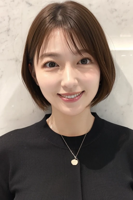 ((Highest quality、8K、masterpiece:1.3))、1 Girl、Thin abdominal muscles、Highly detailed face、Detailed eyes、double eyelid、Large Breasts、E cup breasts、、40-year-old woman、short hair、Straight Bob Hair、Short hair with bangs、Laughter、Beautiful girl highlighting her nakedness:1.3、Clothing with a loose chest、Upper Body、gray plain background、smile
