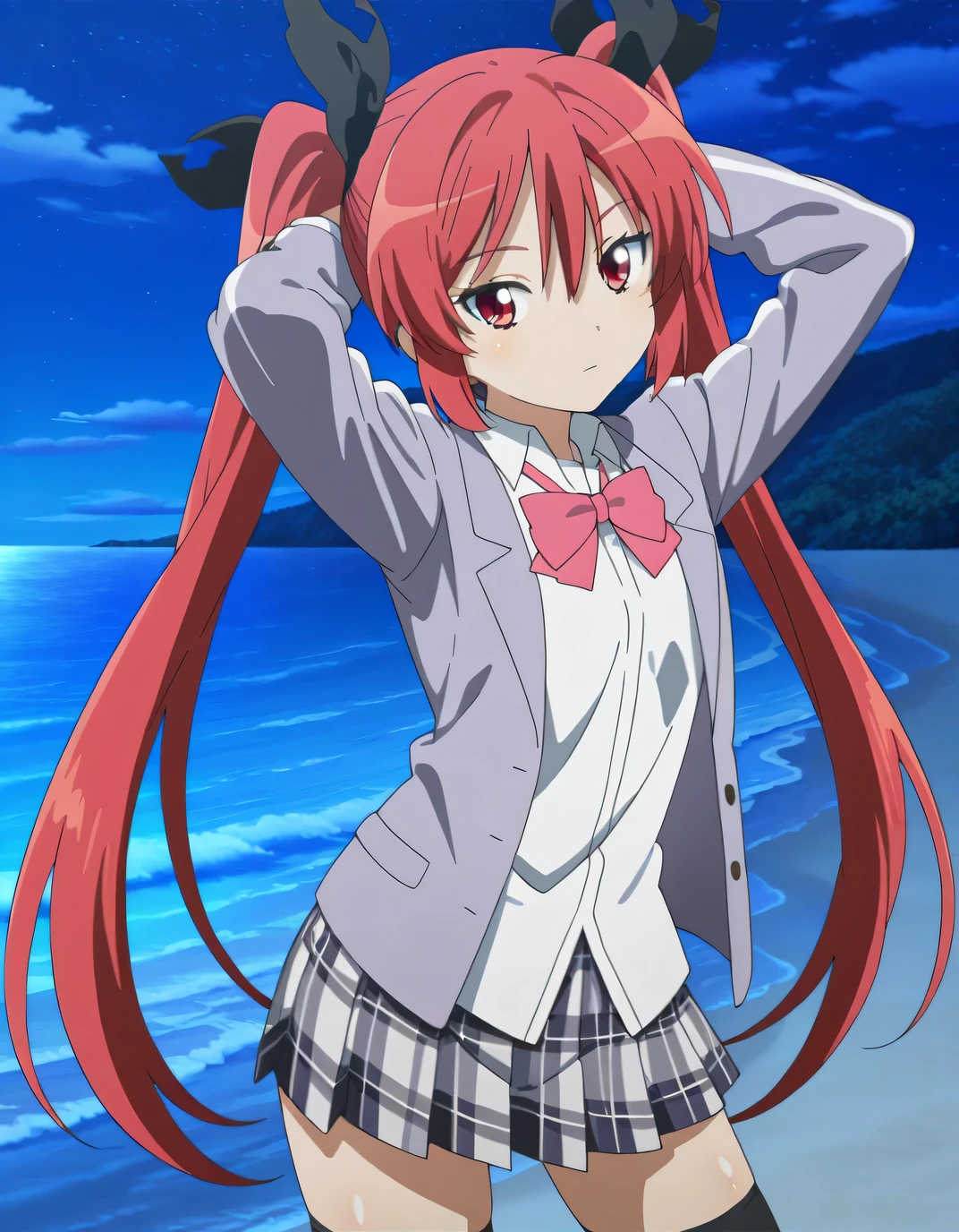 Cthuko, long hair, red eyes, ribbon, twintails, hair ribbon, red hair, skirt, thighhighs, school uniform, black thighhighs, zettai ryouiki, blazer, plaid, plaid skirt, pleated skirt, anime screencap, shiny skin, high quality, solo, cowboy shot, (contrapposto), hands behind head, closed mouth, night sky, beach, looking at viewer, expressionless, best quality