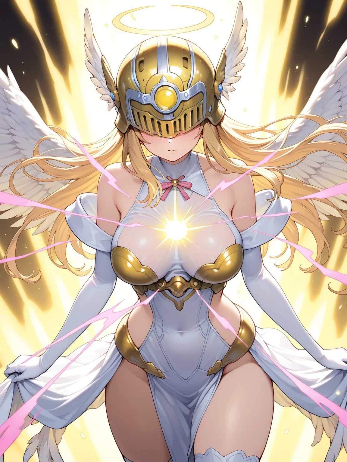 Very detailed、highest quality、Best image quality、masterpiece、8k、Angewomon、Anime Face、Winged Helmet、(Covered Eyes:1.3)、Open Mouth、(Blonde long hair)、(SFW Giant)、whole body、(Big Breasts:1.5)