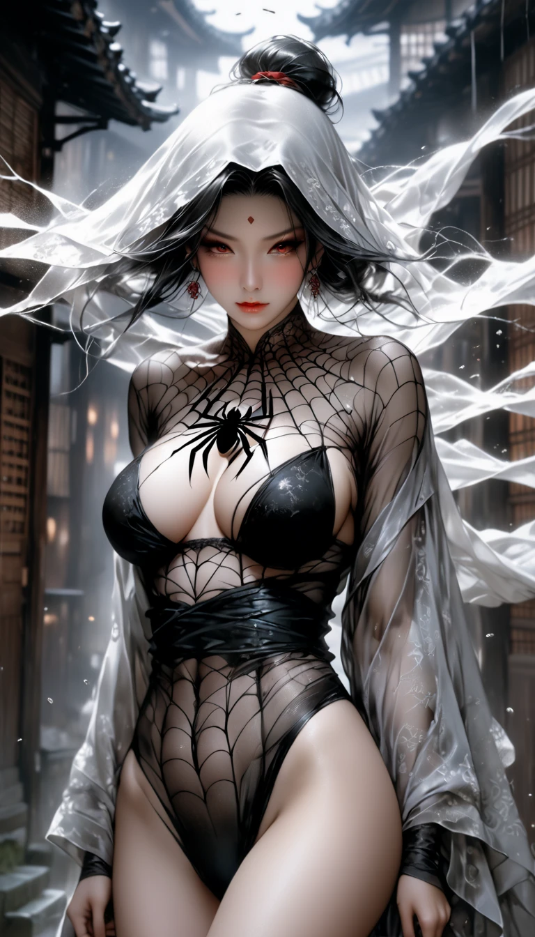 best quality,ultra-detailed,realistic, seductive girl,beautiful detailed eyes,beautiful detailed lips,extremely detailed eyes and face,long eyelashes, struggle, cocoon:1.3, spider web, hanging, detailed classroom, vibrant colors, soft lighting, dark and mysterious atmosphere, subtle shadows, delicate textures, silky web strands, (cocoon:1.3)