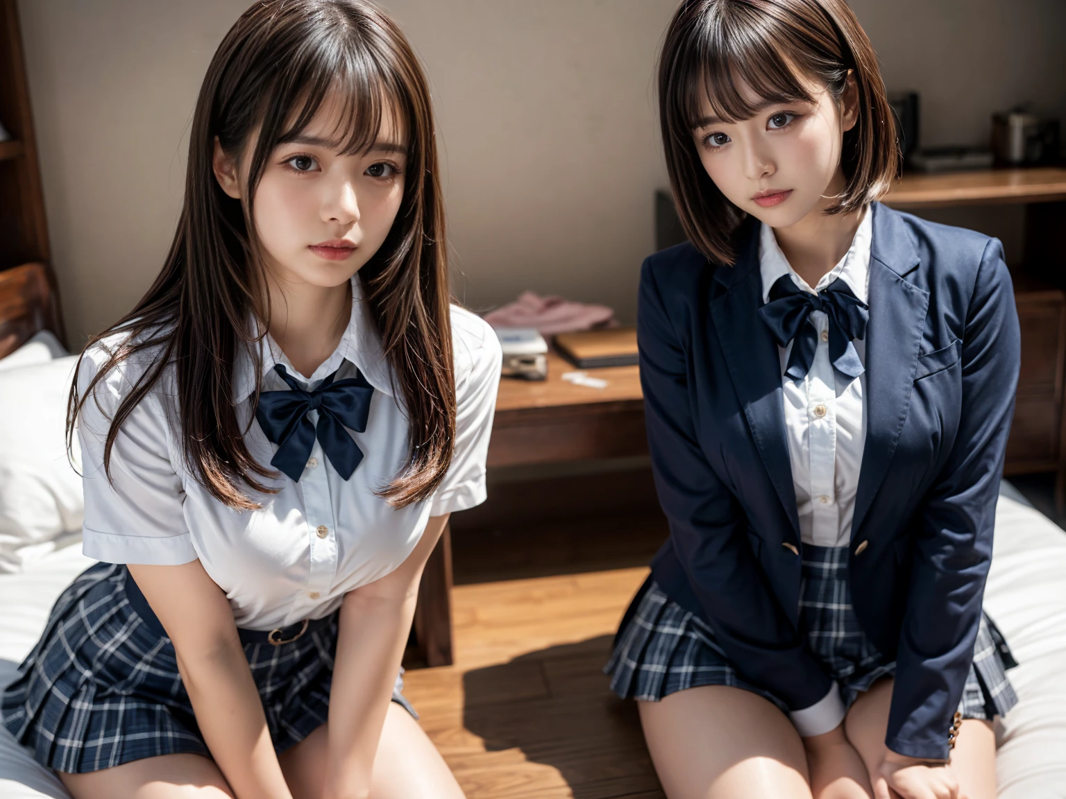 (RAW photo, 4k, masterpiece, high resolution, extremely complex) (realistic: 1.4), cinematic lighting
((2 girls, 2 schoolgirls)),Slam Dunk's,blushing,((innocent)),bright eyes,round eyes,blunt bangs,(straight hair:1.3),black hair,large breasts,wide hips,Summer Noon, ,Hot, (Best Quality), (Highres), (an Extremely Delicate and Beautiful),(Beautiful 8k face),(Brown eyes),short bob hair,( spectators),(gigantic breasts),(Play with each other,Touching each other's bodies,Touching the body),(Japanese high school uniform:1.3),blue skirt,(reality),bright lighting,(The background is a luxury hotel room), ((all fours))