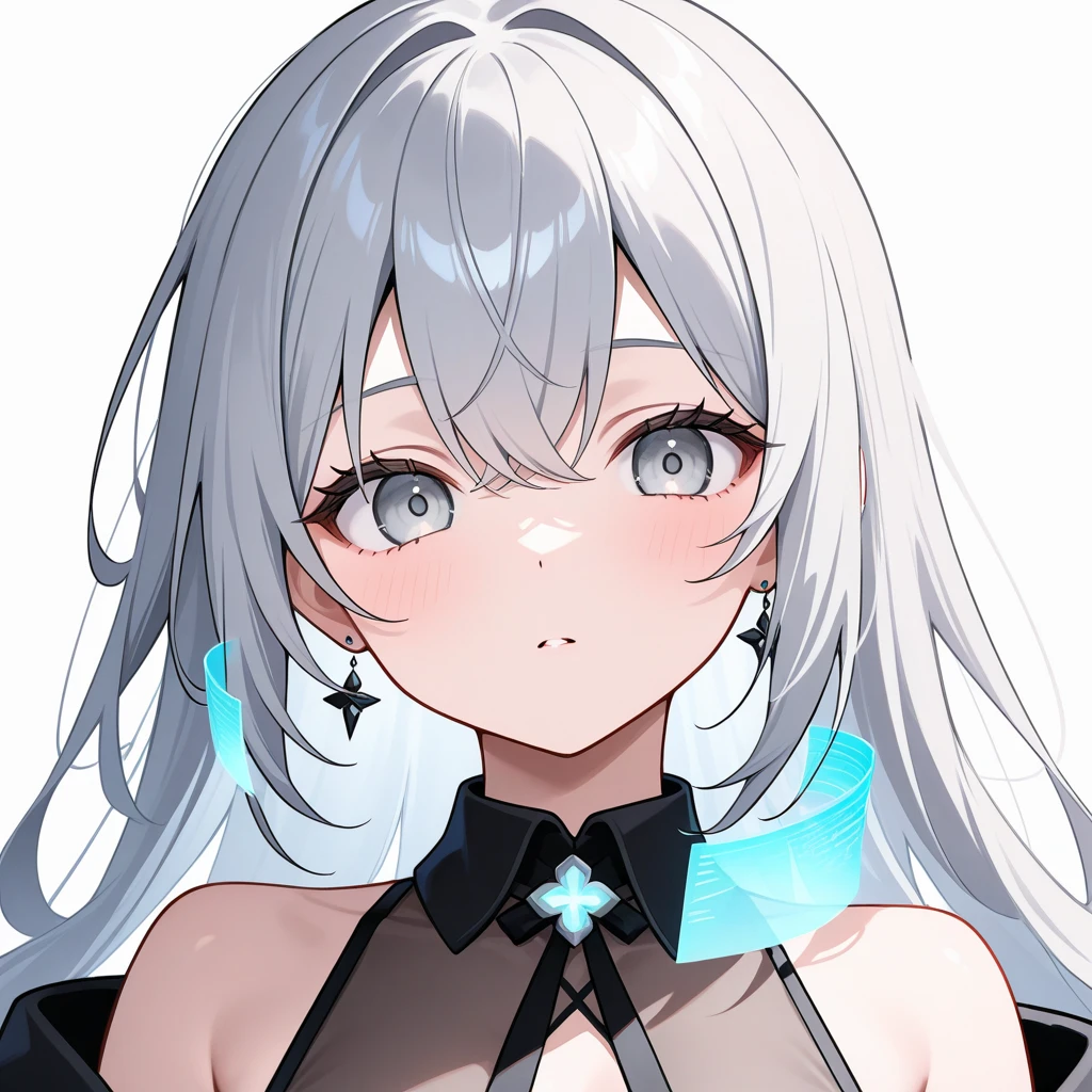 1girl in、White hair、Blue eyes、wall-paper、Super long hair、Curly hair、white backgrounid、symmetry、facing front、Upper body close-up、Close UAMENTED、爆乳、big areolae、((white t-shirts、Black Camisole One Piece))、A smile、